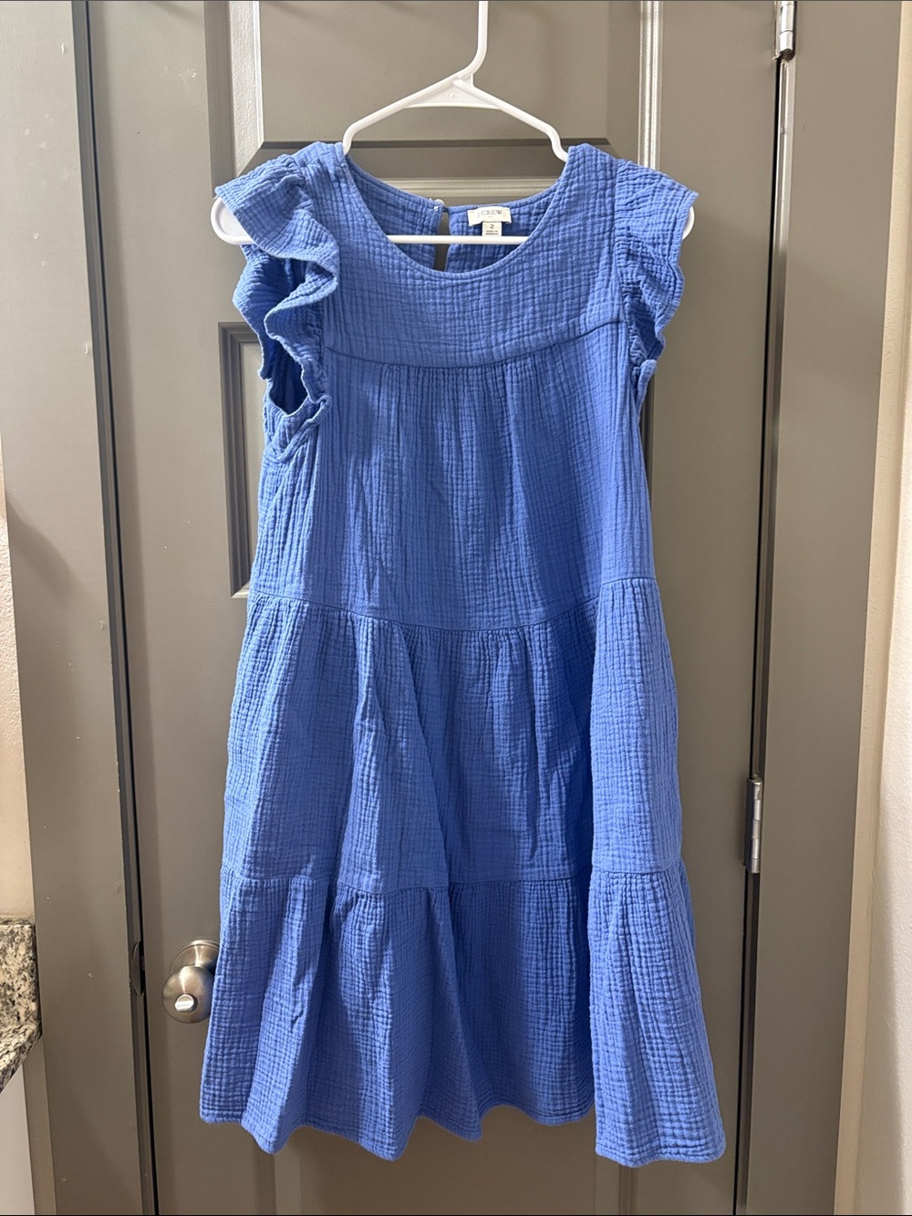 J Crew Blue Ruffle Sleeve Tiered Cotton Dress